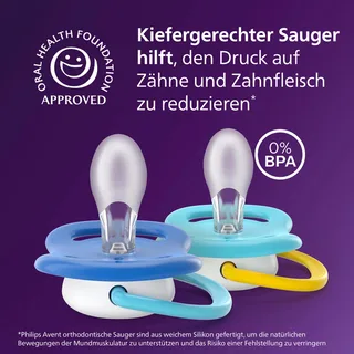 Philips Avent ultra air happy fopspeen, 6-18M, 2-pack van Philips Avent in Blauw, 5 × 10,8 × 12,5 mm – productfoto 2 van 3