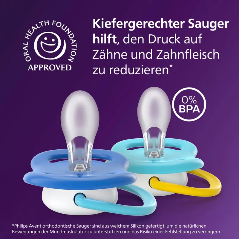 Philips Avent ultra air happy fopspeen, 6-18M, 2-pack van Philips Avent in Blauw, 5 × 10,8 × 12,5 mm – productfoto 2 van 3
