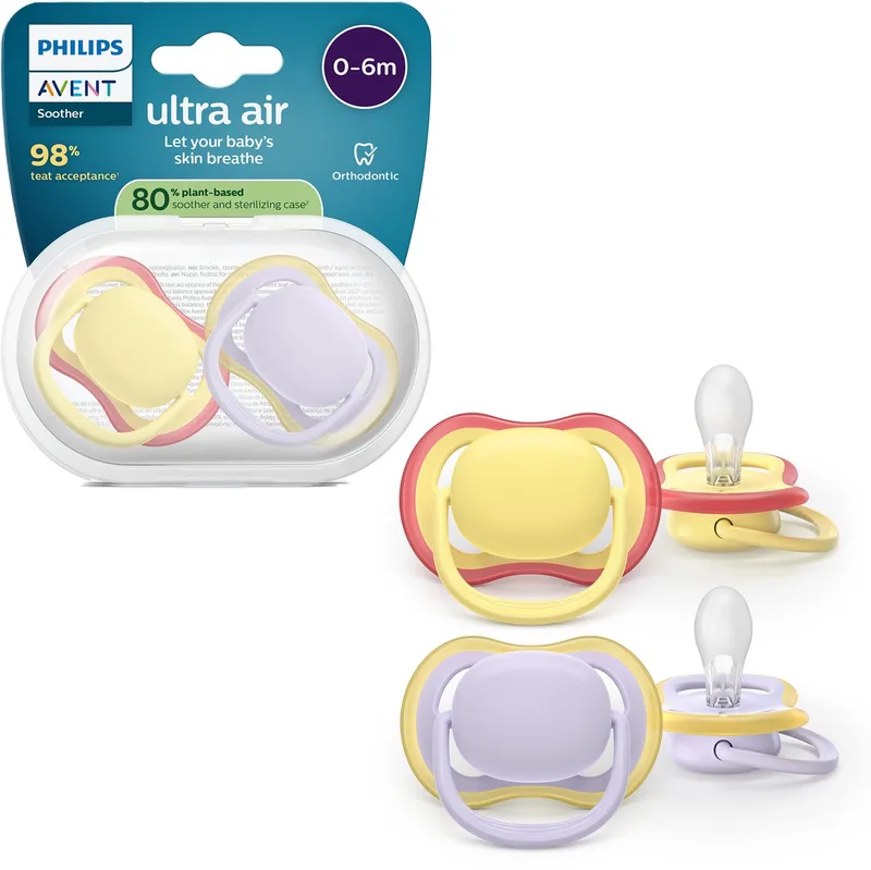 Ultra Air – Ademend en lichtgewicht fopspeen (0-6 mnd) – 2 stuks - SCF087/03 van Philips Avent in Geel en paars – productfoto