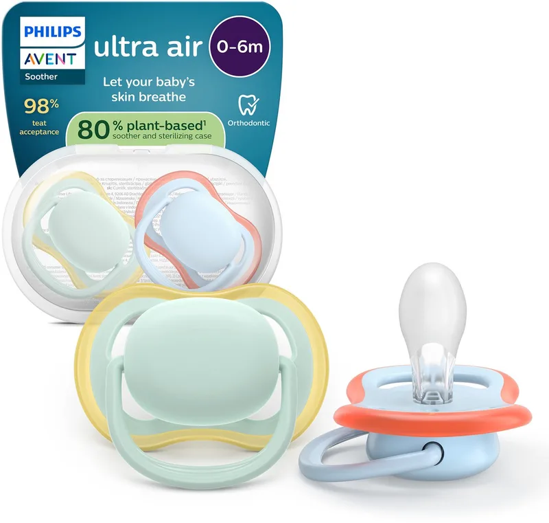 Ultra Air – Ademend en lichtgewicht fopspeen (0-6 mnd) – 2 stuks - SCF087/01 van Philips Avent in Groen en blauw – productfoto