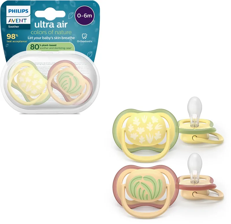 Ultra Air – Ademend en lichtgewicht fopspeen (0-6 mnd) – 2 stuks - SCF087/08 van Philips Avent in Groen, Geel – productfoto