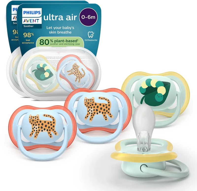 Ultra Air – Ademend en lichtgewicht fopspeen (0-6 mnd) – 4 stuks - SCF087/19 van Philips Avent in Groen en blauw – productfoto