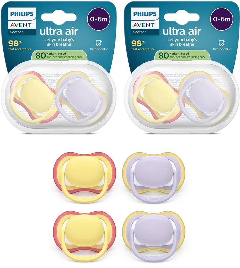 Ultra Air – Ademend en lichtgewicht fopspeen (0-6 mnd) – 4 stuks - SCF087/20 van Philips Avent in Geel en paars – productfoto