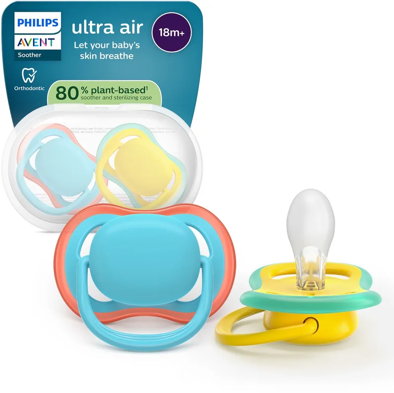 Ultra Air – Ademend en lichtgewicht fopspeen (18mnd+) – 2 stuks - SCF349/57 van Philips Avent in Blauw en geel – productfoto
