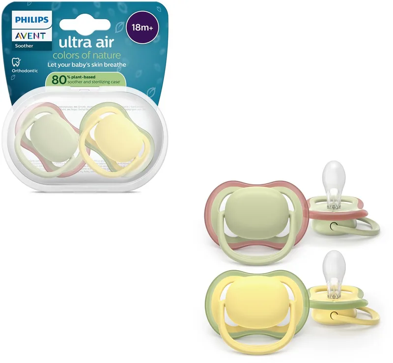 Ultra Air – Ademend en lichtgewicht fopspeen (18mnd+) – 2 stuks - SCF349/50 van Philips Avent in Geel en groen – productfoto