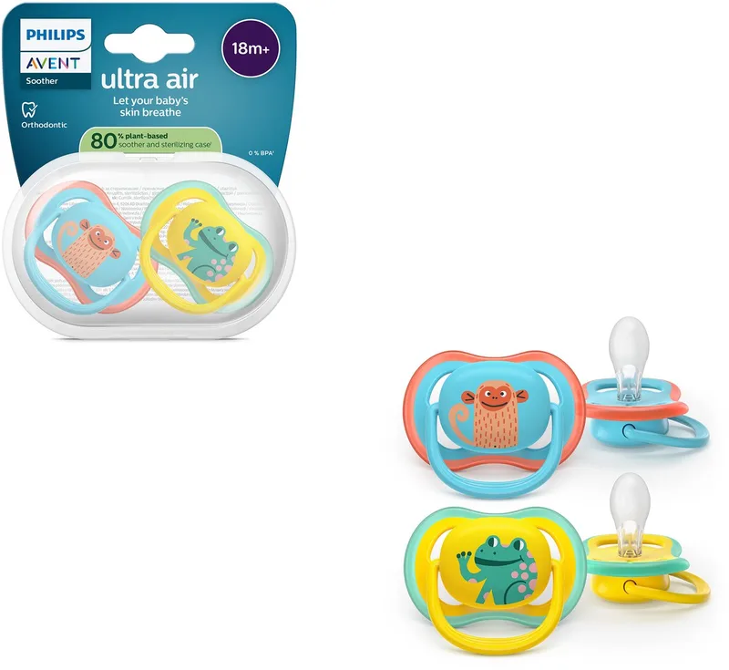 Ultra Air – Ademend en lichtgewicht fopspeen (18mnd+) – 2 stuks - SCF349/58 van Philips Avent in Blauw en geel met print – productfoto