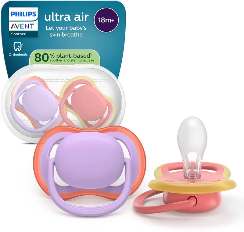 Ultra Air – Ademend en lichtgewicht fopspeen (18mnd+) – 2 stuks - SCF349/46 van Philips Avent in Roze en rood – productfoto