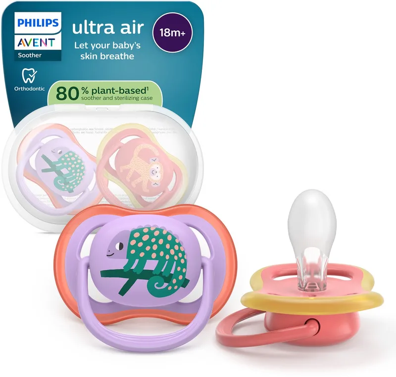 Ultra Air – Ademend en lichtgewicht fopspeen (18mnd+) – 2 stuks - SCF349/47 van Philips Avent in Oranje en lila – productfoto