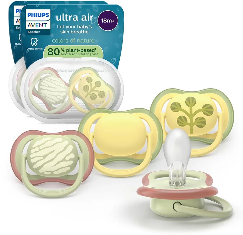Ultra Air – Ademend en lichtgewicht fopspeen (18mnd+) – 4 stuks - SCF349/55 de Philips Avent en Neutraal met print – photo produit