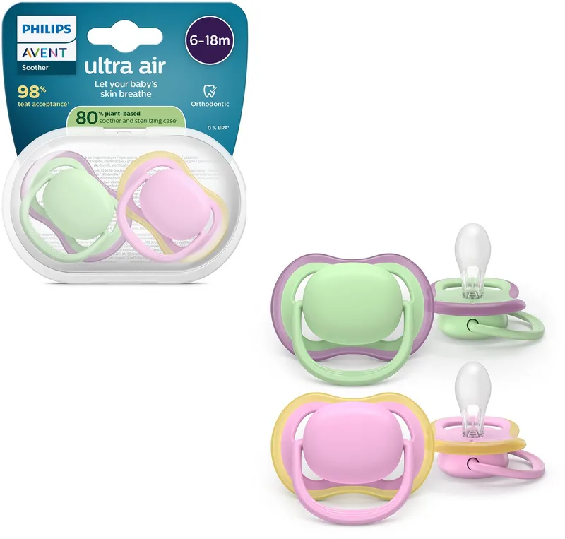 Ultra Air – Ademend en lichtgewicht fopspeen (6-18 mnd) – 2 stuks - SCF087/12 van Philips Avent in Groen en roze – productfoto