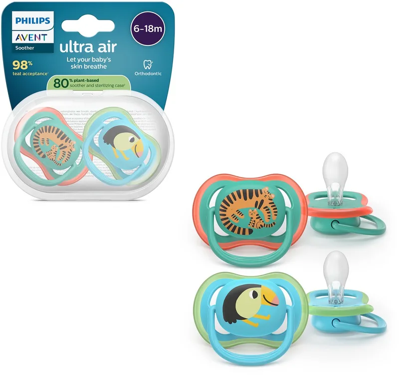 Ultra Air – Ademend en lichtgewicht fopspeen (6-18 mnd) – 2 stuks - SCF087/11 van Philips Avent in Groen en blauw met print – productfoto