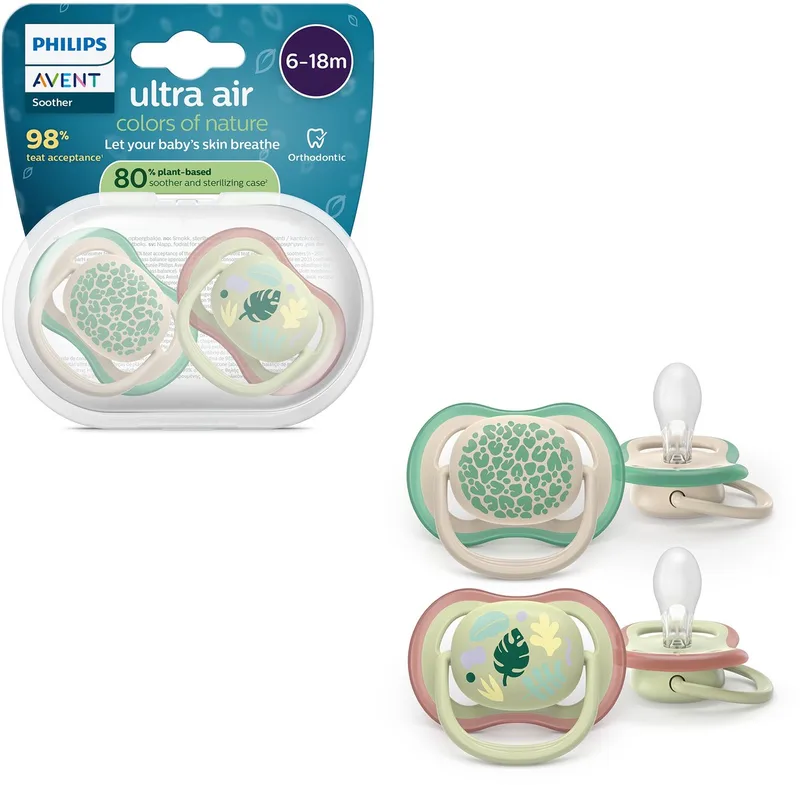Ultra Air – Ademend en lichtgewicht fopspeen (6-18 mnd) – 2 stuks - SCF087/17 van Philips Avent in Neutral met print – productfoto
