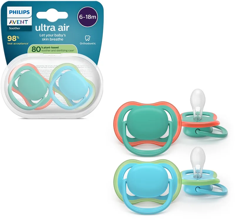 Ultra Air – Ademend en lichtgewicht fopspeen (6-18 mnd) – 2 stuks - SCF087/10 van Philips Avent in Groen en blauw – productfoto