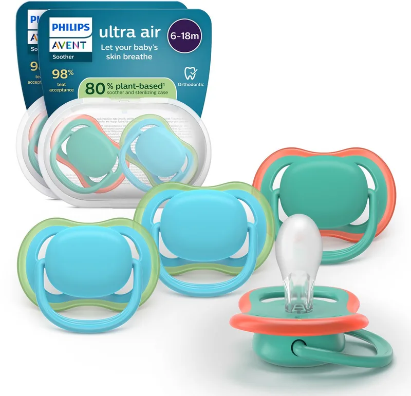 Ultra Air – Ademend en lichtgewicht fopspeen (6-18 mnd) – 4 stuks - SCF087/24 van Philips Avent in Groen en blauw – productfoto