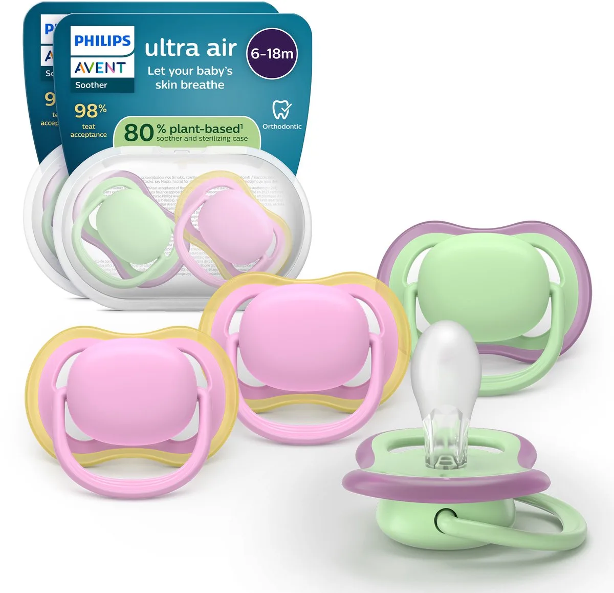 Ultra Air – Ademend en lichtgewicht fopspeen (6-18 mnd) – 4 stuks - SCF087/25 fra Philips Avent i Roze en groen – produktbillede