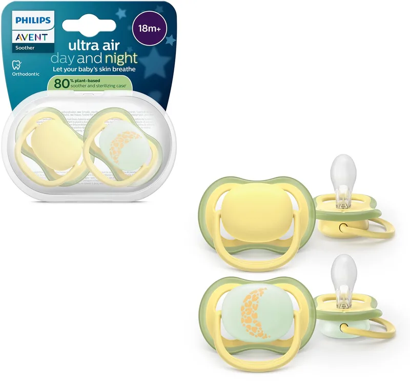 Ultra Air Day & Night – Ademend en lichtgewicht fopspeen (18mnd+) – 2 stuks - SCF349/53 van Philips Avent in Neutral geel – productfoto