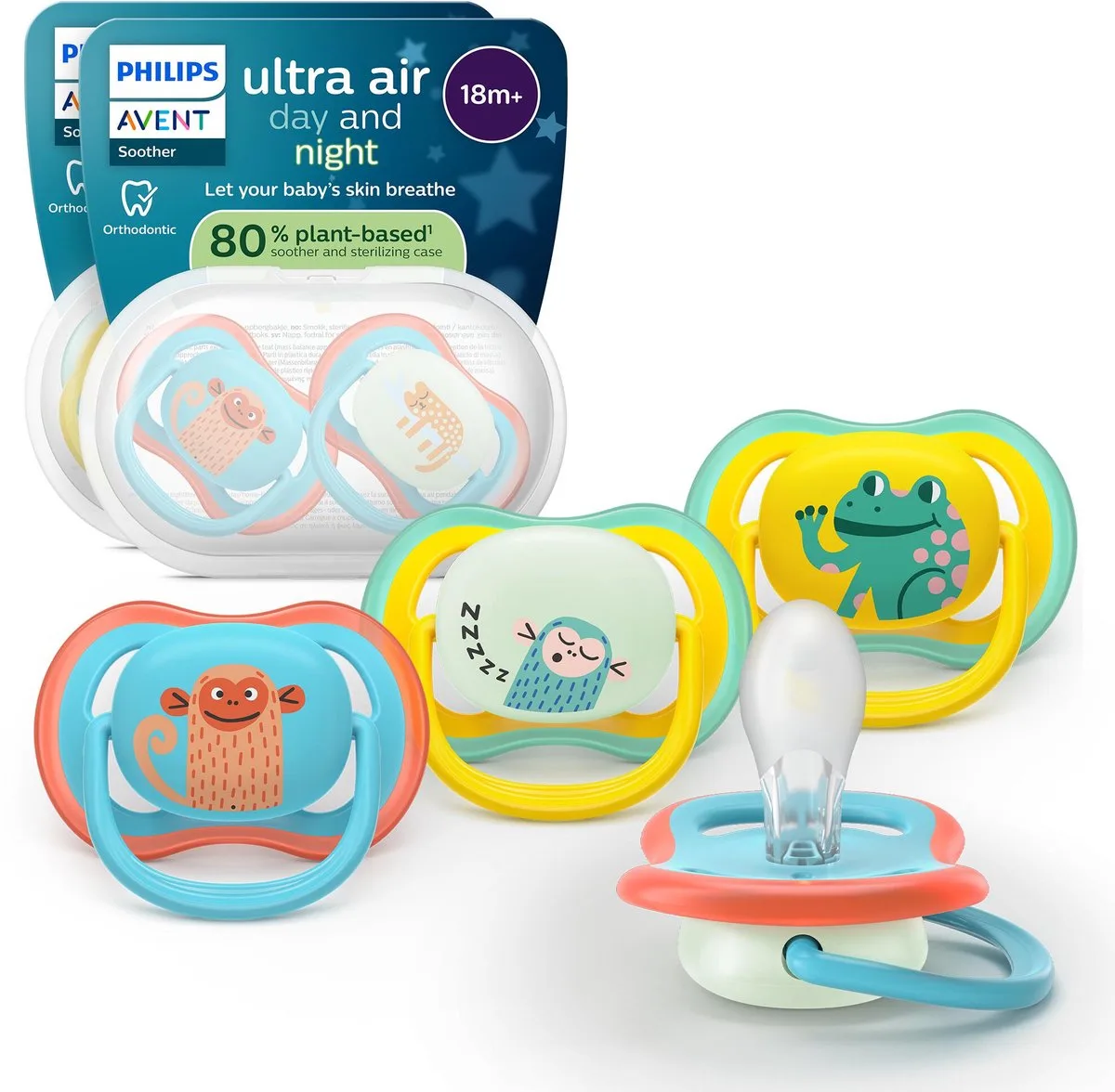 Ultra Air Day & Night – Glow-in-the-dark fopspeen – Extra luchtopeningen – 4 stuks - SCF349/56 fra Philips Avent i Blauw en geel – produktbillede