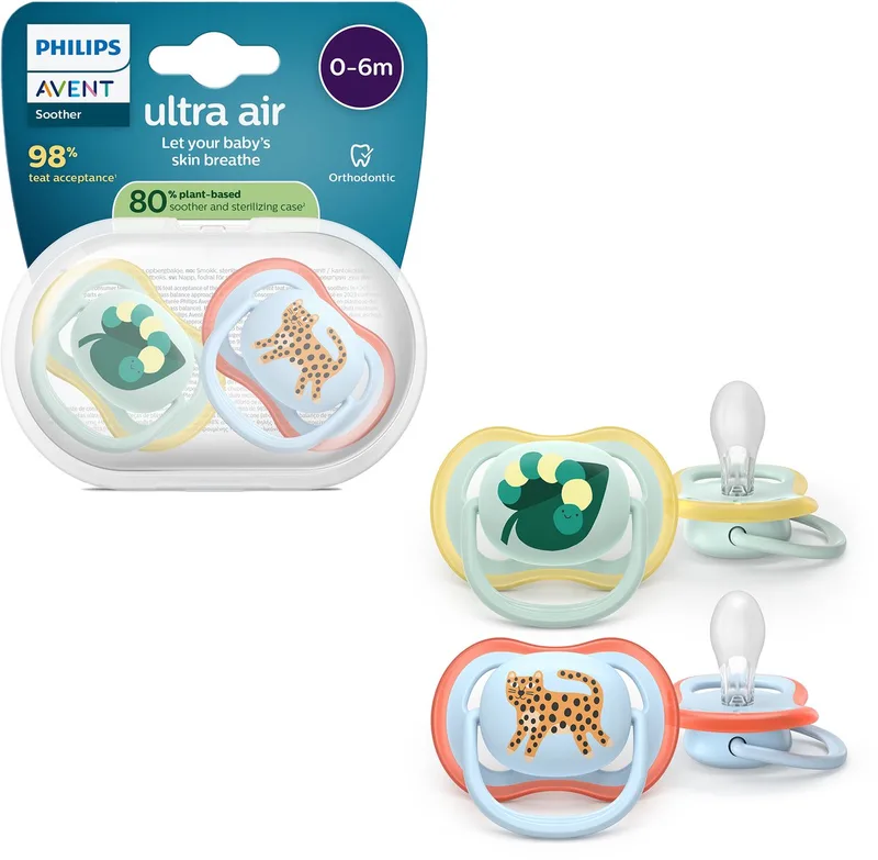 Ultra Air Fopspeen - 0-6 Mnd - 2 Stuks - Plant-based van Philips Avent in Groen en blauw met opdruk – productfoto