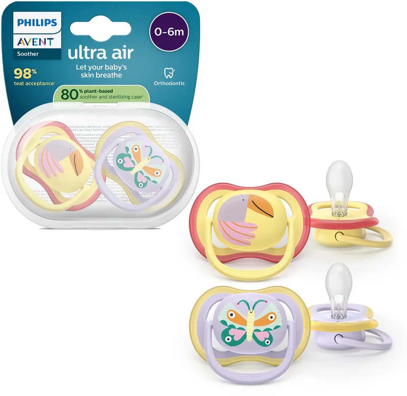 Ultra Air Fopspeen - 0-6 Mnd - 2 Stuks - Plant-Based van Philips Avent in Met opdruk – productfoto