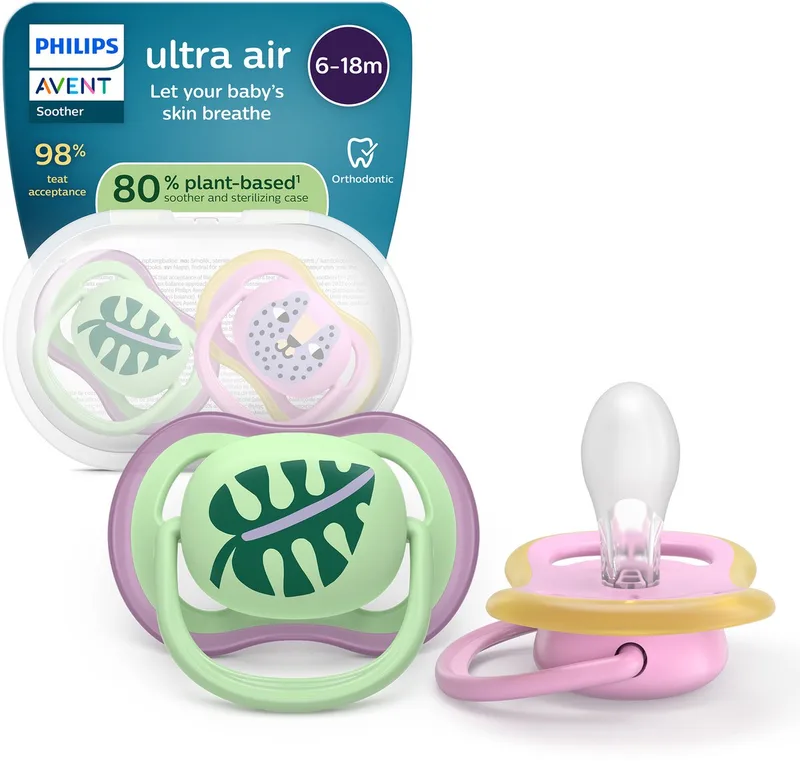 Ultra Air Fopspeen - 6-18 Mnd - 2 Stuks - Plant-based van Philips Avent in Groen en roze met print – productfoto