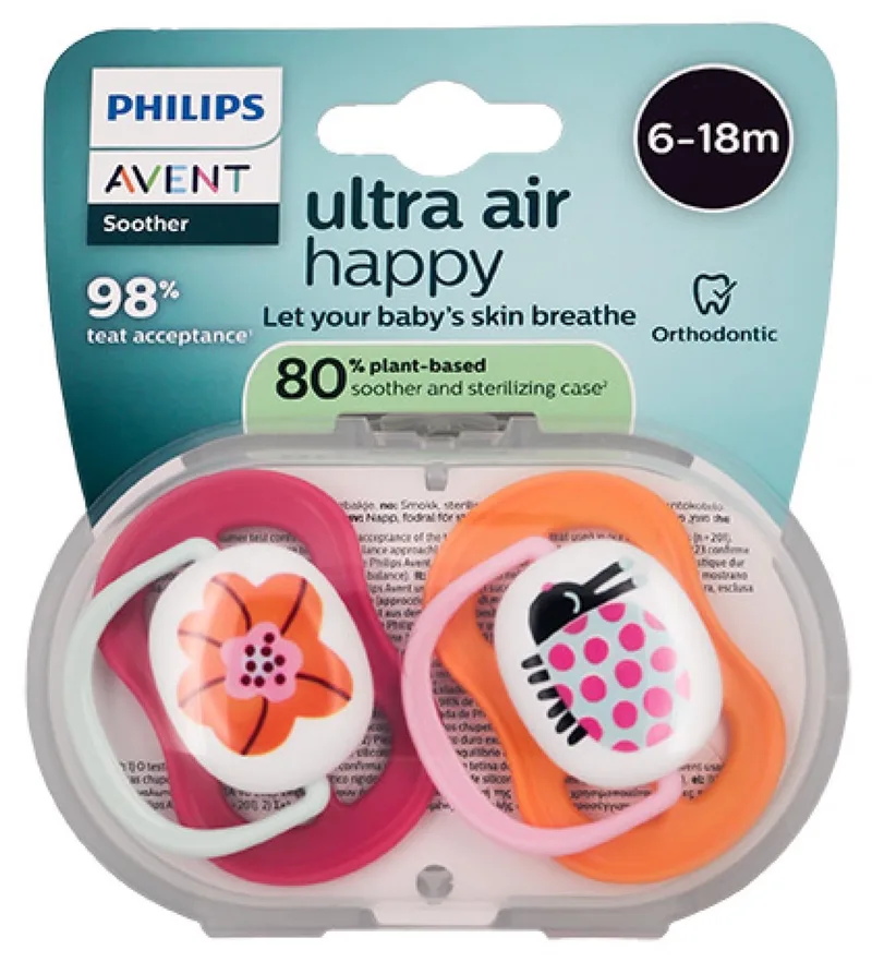 Ultra Air Happy 2 Orthodontische Fopspenen 6-18 Maanden (Modellen : Bloem en Lieveheersbeestje) van Philips Avent in Roze – productfoto