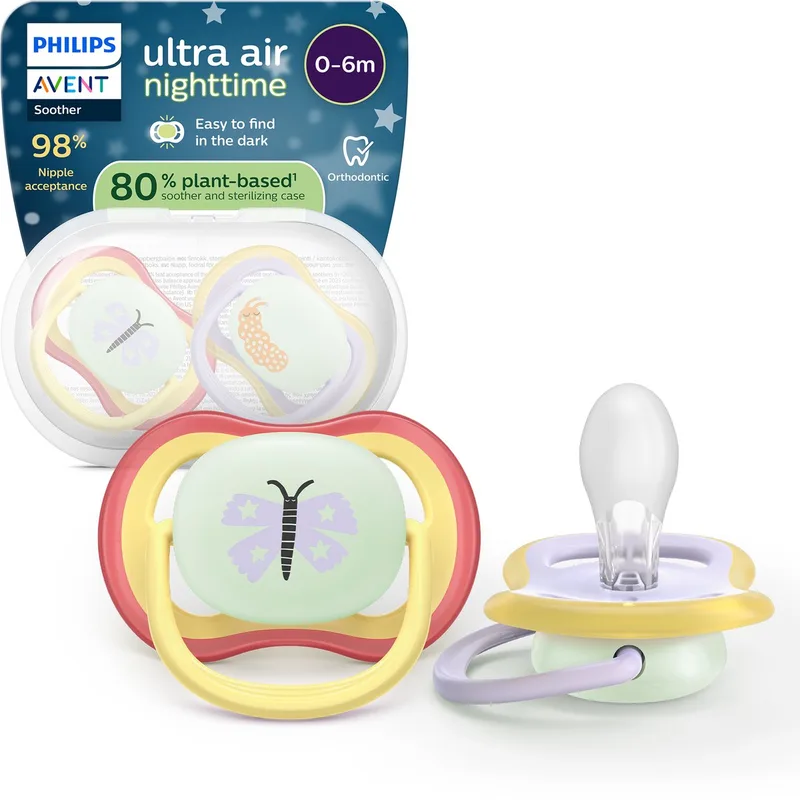 Ultra Air Night – Glow-in-the-dark fopspeen –(0-6 mnd) Extra luchtopeningen – 2 stuks - SCF376/25 van Philips Avent in Geel en paars – productfoto
