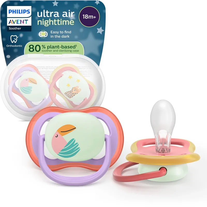 Ultra Air Night – Glow-in-the-dark fopspeen –(18 mnd+) Extra luchtopeningen – 2 stuks - SCF376/33 van Philips Avent in Roze en oranje – productfoto