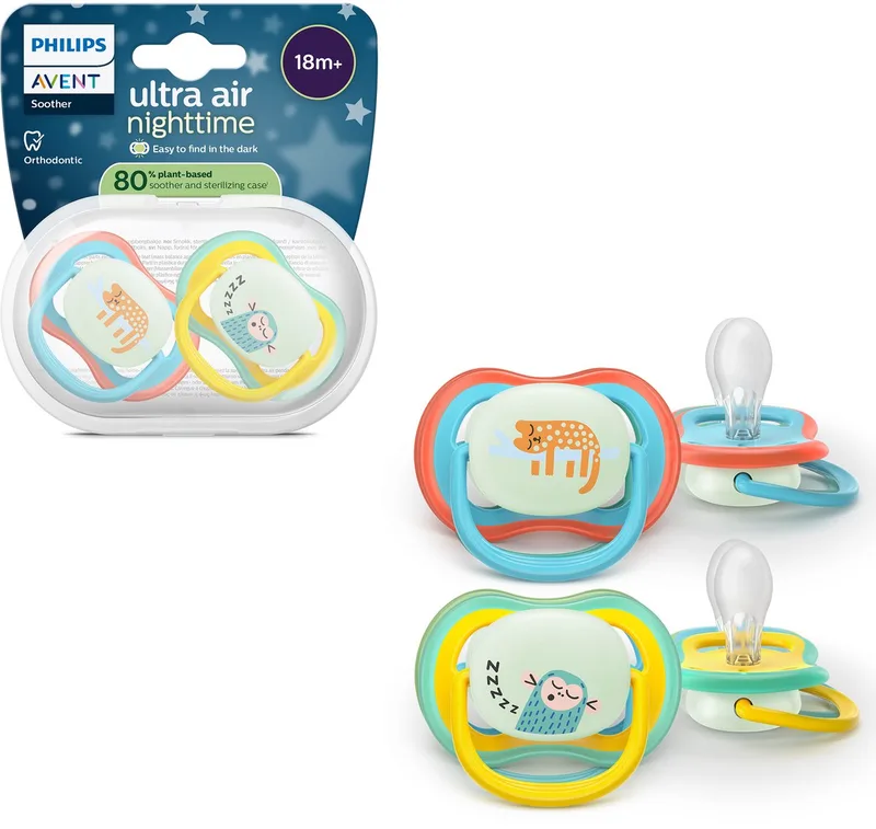 Ultra Air Night – Glow-in-the-dark fopspeen –(18 mnd+) Extra luchtopeningen – 2 stuks - SCF376/32 van Philips Avent in Blauw en groen – productfoto