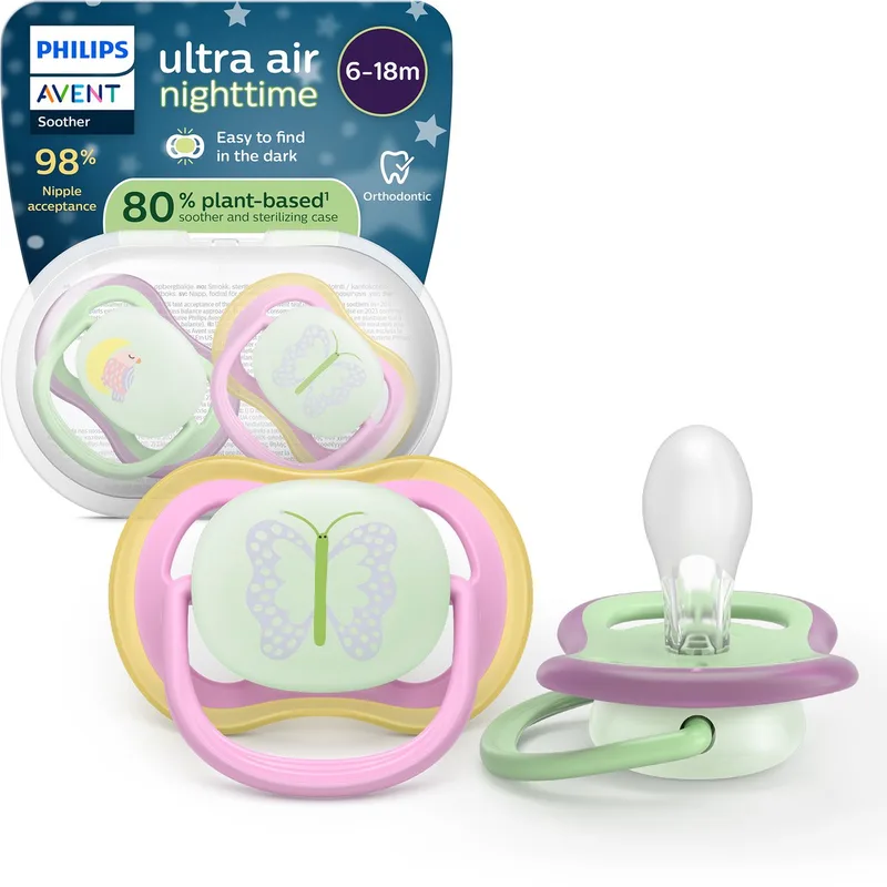Ultra Air Night – Glow-in-the-dark fopspeen –(6-18 mnd) Extra luchtopeningen – 2 stuks - SCF376/29 van Philips Avent in Groen en roze – productfoto