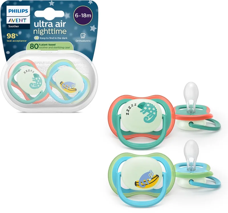 Ultra Air Night – Glow-in-the-dark fopspeen –(6-18 mnd) Extra luchtopeningen – 2 stuks - SCF376/28 van Philips Avent in Blauw en geel – productfoto