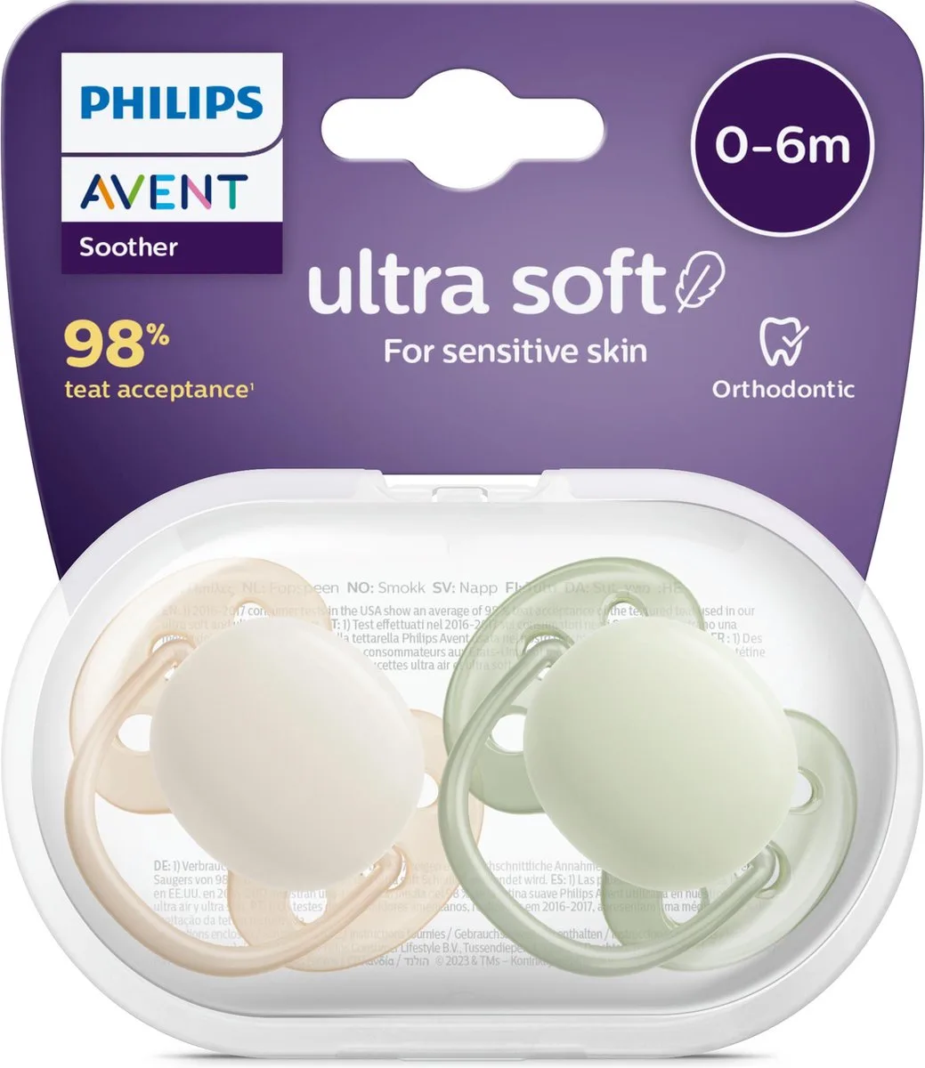 Ultra Soft 0–6M Boy Baby Beige & Green Colour Fopspenen – 2 stuks van Philips Avent – productfoto