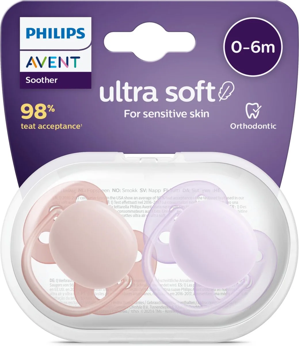 Ultra Soft 0–6M Boy Baby Pink & Purple Colour Fopspenen – 2 stuks van Philips Avent – productfoto
