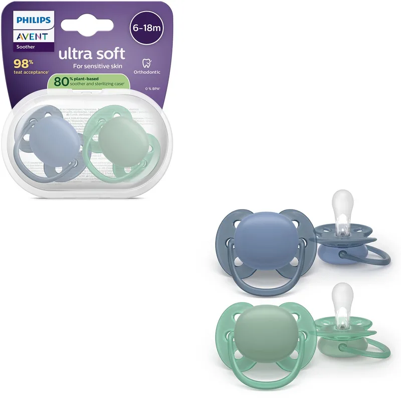 Ultra Soft Fopspeen - 6-18 Mnd - 2 Stuks - Plant-based van Philips Avent in Blauw – productfoto