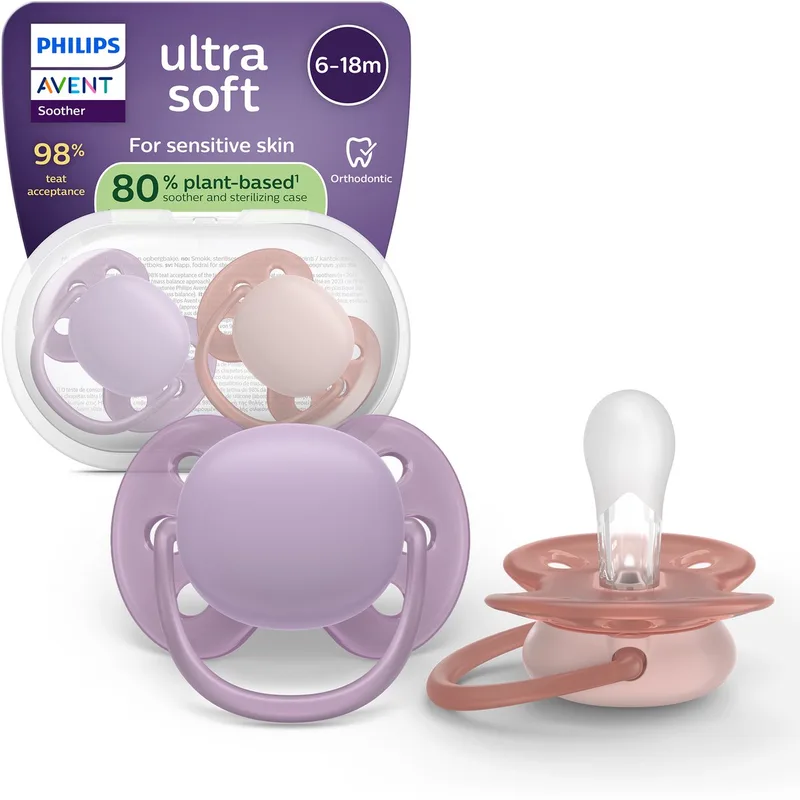 Ultra Soft Fopspeen - 6-18 Mnd - 2 Stuks - Plant-based van Philips Avent in Paars en bruin – productfoto
