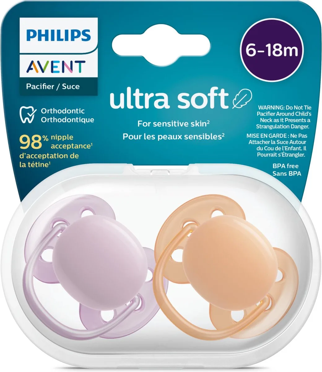 Ultra Soft Fopspeen - 6 tot 18 Maanden - 2 Speentjes - Roze/Oranje - SCF091/33 van Philips Avent in Grijs – productfoto