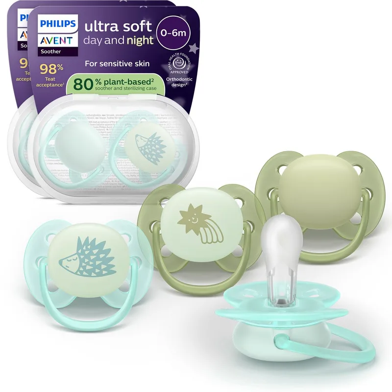 Ultra Soft Nighttime fopspeen 0 tot 6 maanden, glow in the dark, 4 stuks, SCF094/09 van Philips Avent in Blauw, Groen – productfoto