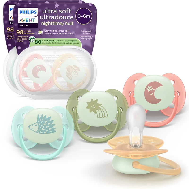 Ultra Soft Nighttime fopspeen 0 tot 6 maanden, glow in the dark, 4 stuks, SCF094/07 van Philips Avent in Meerkleurig – productfoto
