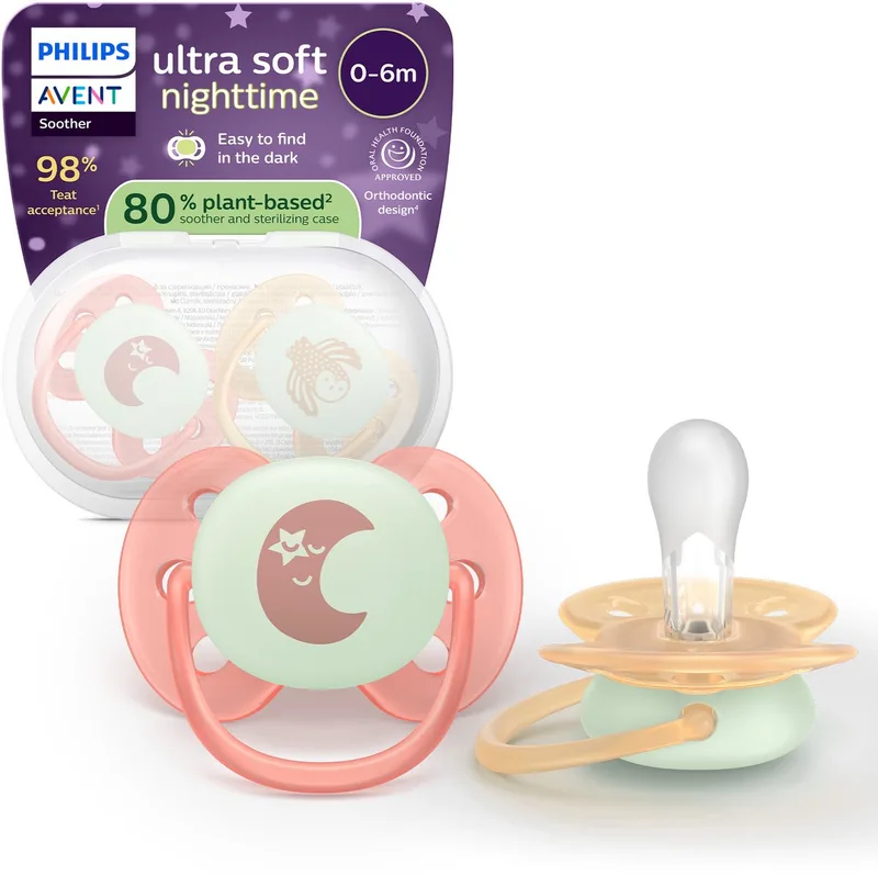 Ultra Soft Nighttime fopspeen 0 tot 6 maanden, glow in the dark, SCF094/02 van Philips Avent in Roze, Geel – productfoto