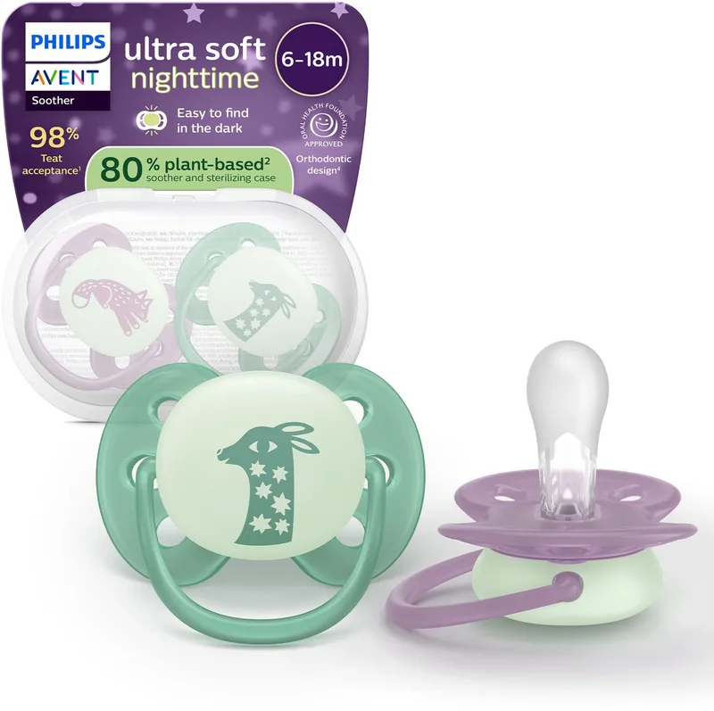 Ultra Soft Nighttime fopspeen 6 tot 18 maanden, glow in the dark, SCF094/04 van Philips Avent in Groen, Lilac – productfoto