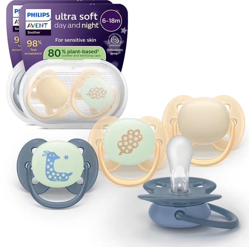 Ultra Soft Nighttime fopspeen 6 tot 18 maanden, glow in the dark, 4 stuks, SCF094/10 van Philips Avent in Blauw, Geel – productfoto