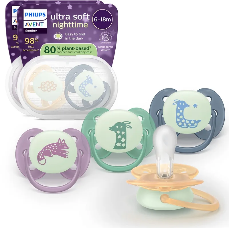 Ultra Soft Nighttime fopspeen 6 tot 18 maanden, glow in the dark, 4 stuks, SCF094/08 van Philips Avent in Meerkleurig – productfoto