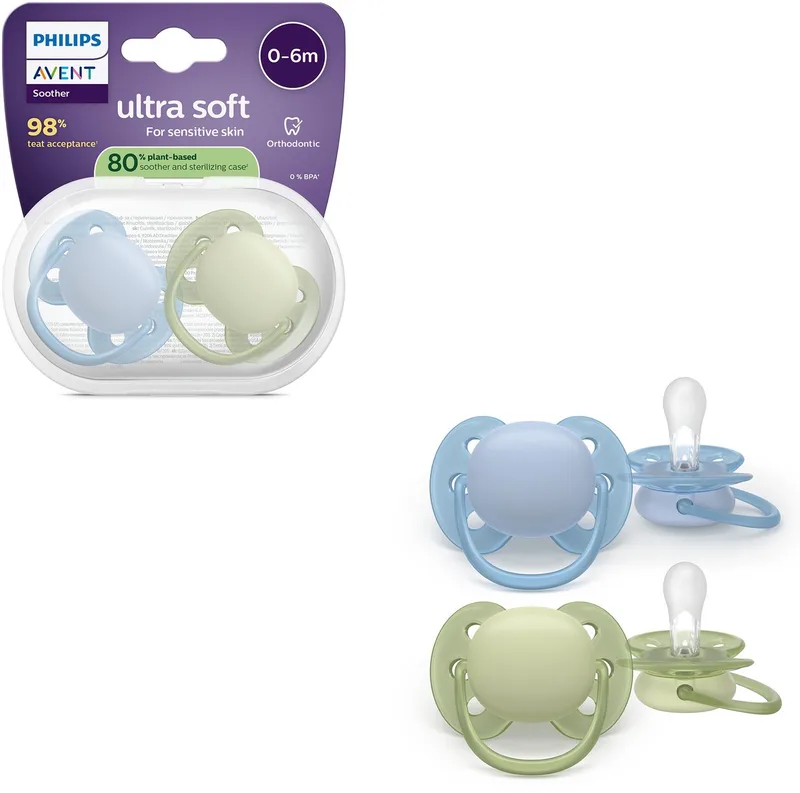 Ultra Soft – Superzachte siliconen fopspeen (0-6 mnd) – Voor gevoelige huid – 2 stuks - SCF091/37 van Philips Avent in Blauw en groen – productfoto