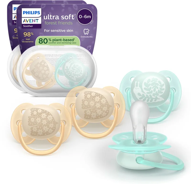 Ultra Soft – Superzachte siliconen fopspeen (0-6 mnd) – Voor gevoelige huid – 4 stuks - SCF091/49 de Philips Avent en Bruin blauw – photo produit