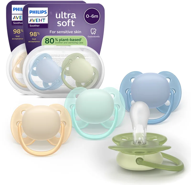 Ultra Soft – Superzachte siliconen fopspeen (0-6 mnd) – Voor gevoelige huid – 4 stuks - SCF091/50 van Philips Avent in Oranje, Lichtblauw, Blauw en groen – productfoto