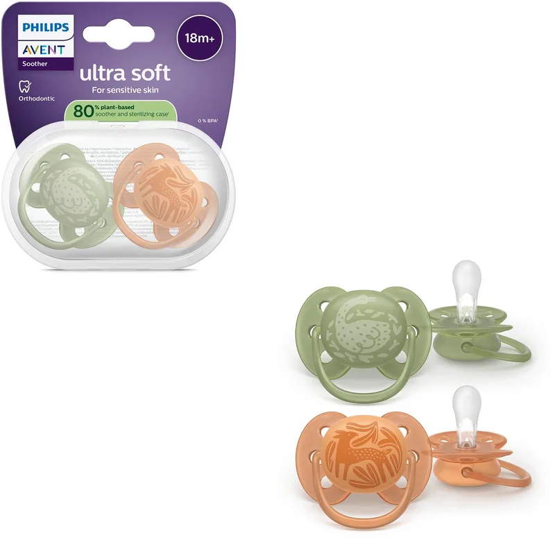 Ultra Soft – Superzachte siliconen fopspeen (18mnd+) – Voor gevoelige huid – 2 stuks - SCF093/06 van Philips Avent in Groen en oranje – productfoto
