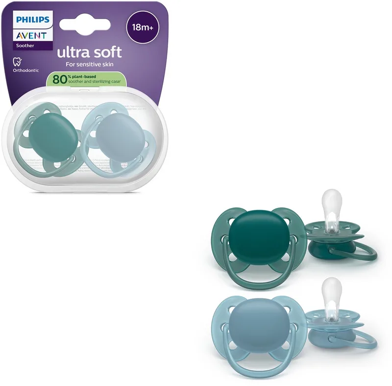 Ultra Soft – Superzachte siliconen fopspeen (18mnd+) – Voor gevoelige huid – 2 stuks - SCF093/02 van Philips Avent in Groen en blauw – productfoto 1 van 3