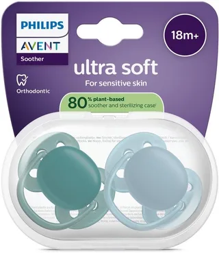 Ultra Soft – Superzachte siliconen fopspeen (18mnd+) – Voor gevoelige huid – 2 stuks - SCF093/02 van Philips Avent in Groen en blauw – productfoto 2 van 3