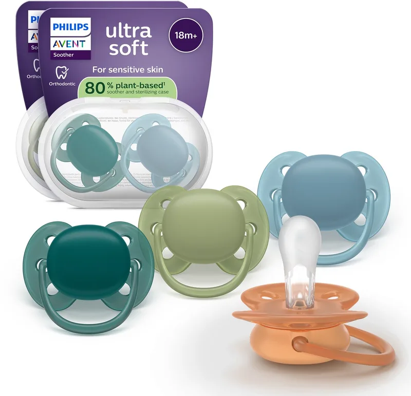 Ultra Soft – Superzachte siliconen fopspeen (18mnd+) – Voor gevoelige huid – 4 stuks - SCF093/08 de Philips Avent en Orange, Bleu, Lichtgroen en groen – photo produit