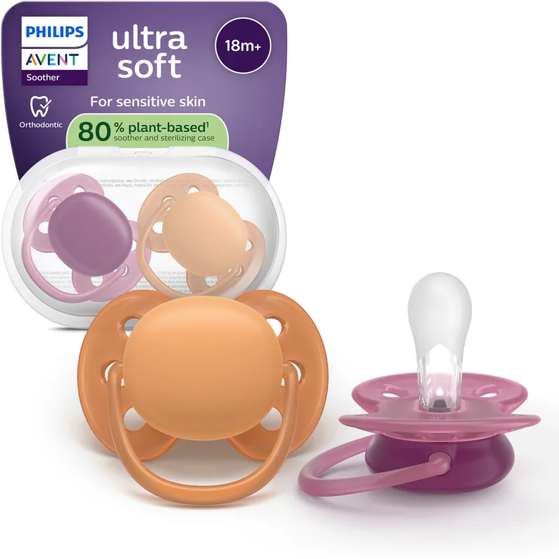 Ultra Soft – Superzachte siliconen fopspeen (18mnd+) – Voor gevoelige huid – 2 stuks - SCF093/03 van Philips Avent in Roze en oranje – productfoto