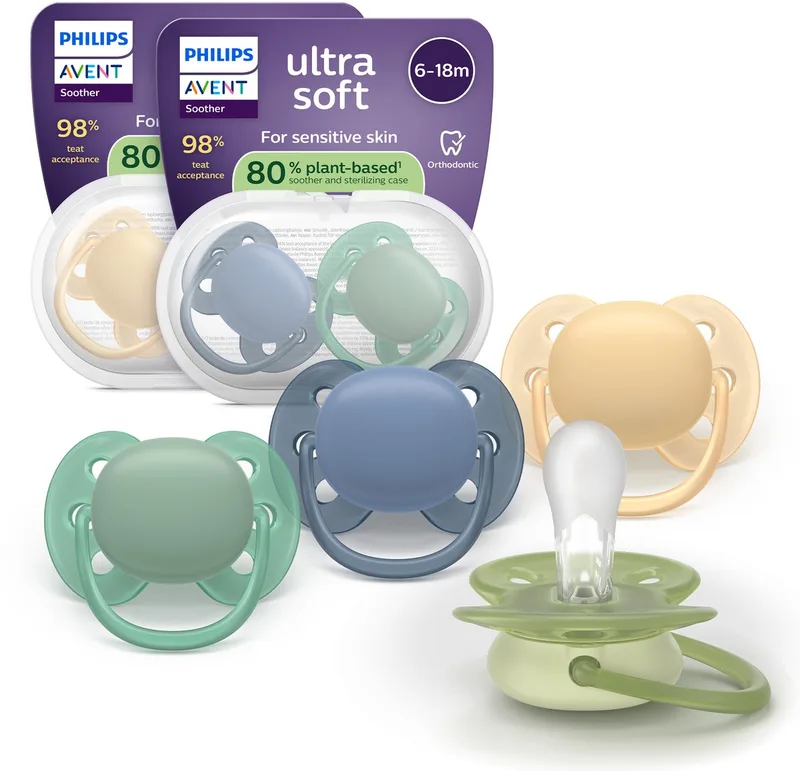 Ultra Soft – Superzachte siliconen fopspeen (6-18 mnd) – Voor gevoelige huid – 4 stuks - SCF091/53 van Philips Avent in Blauw groen – productfoto